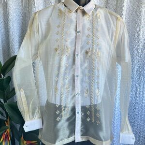 Plus size - Men’s Beige Pina Organza Barong Tagalog Full Open w/ embroidery